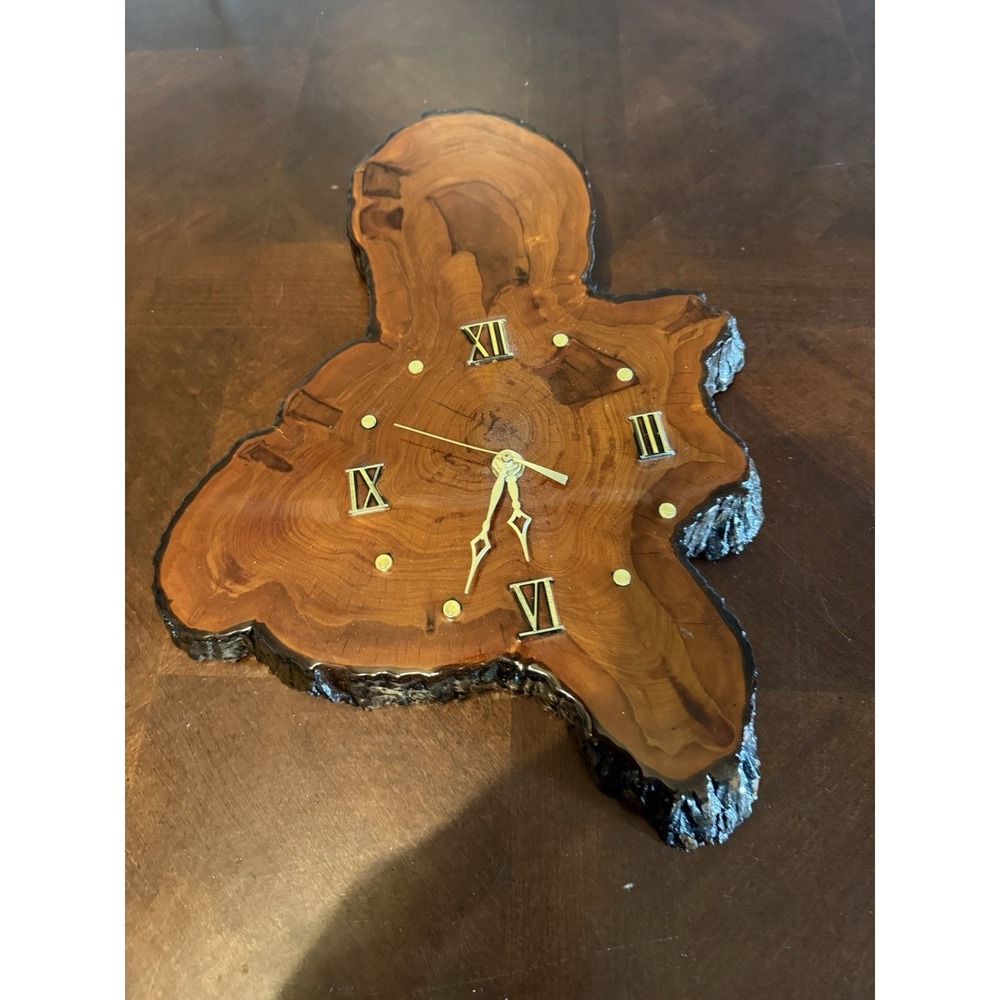 Vintage Pine Wood Slab Lacquered Wall Clock  Rustic Cabin